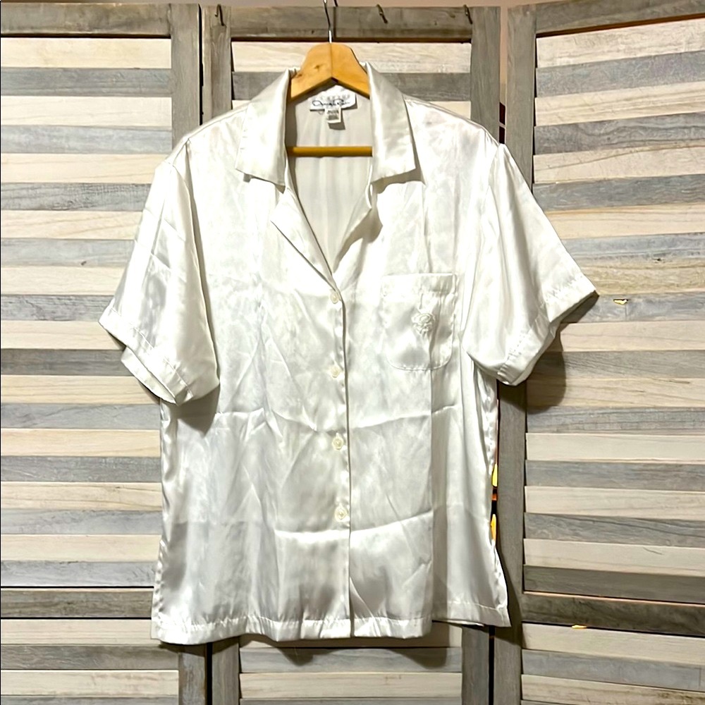 Oscar de la Renta White Satin Short Sleeve Shirt